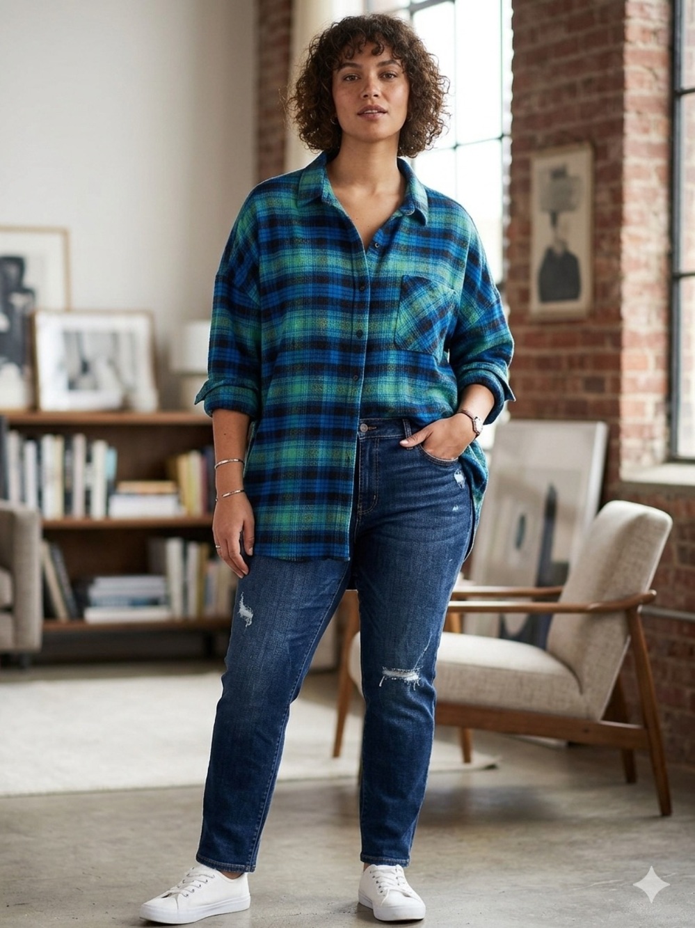 BP. Nordstrom Oversized Plaid Flannel Shirt L Blue Green Boyfriend Grunge Soft